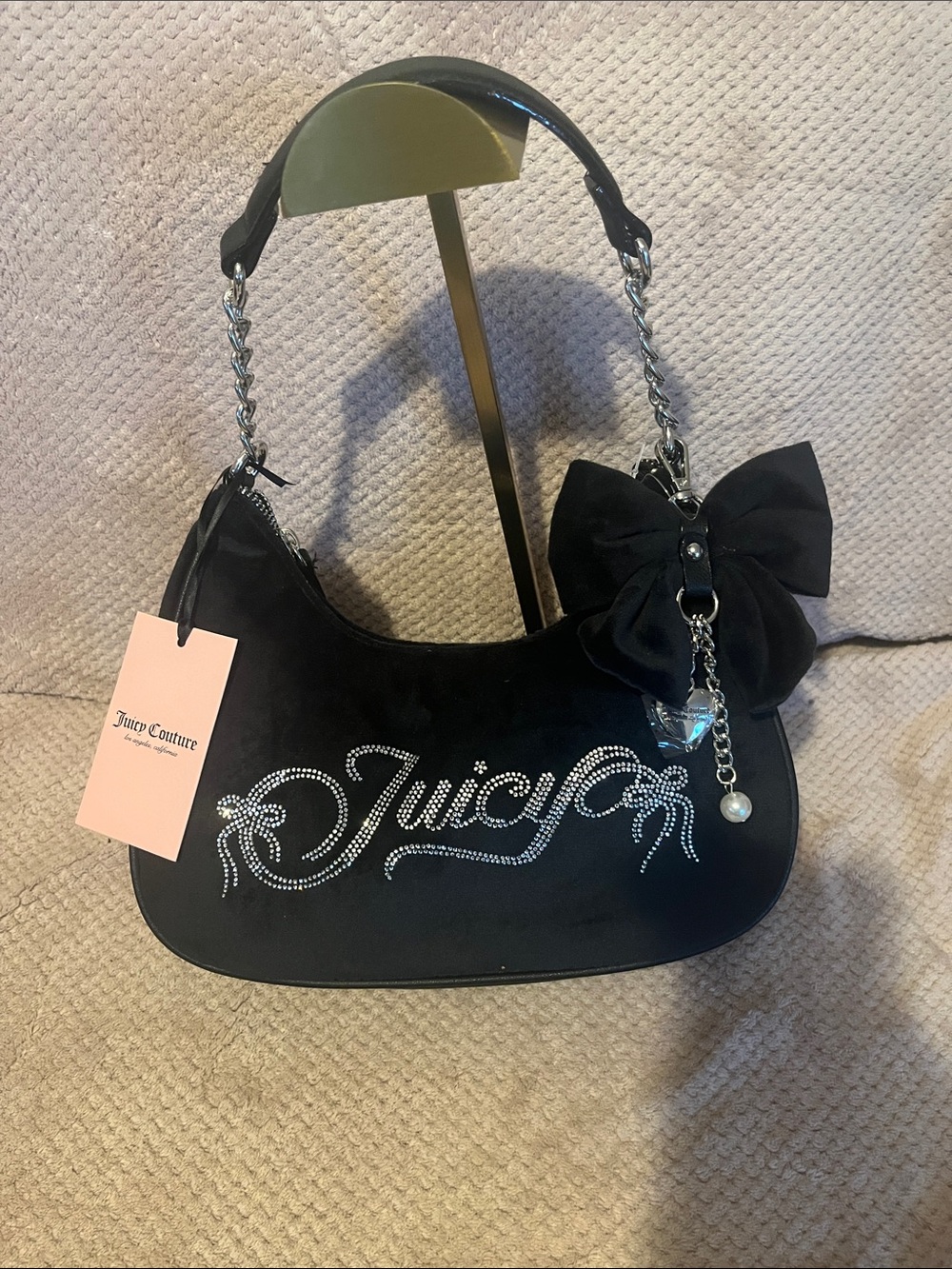 Juicy Couture Black Rhinestone Script Shoulder Bag with Bow Charm New With Tags